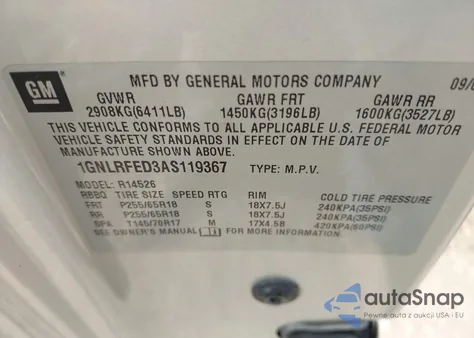 2010 Chevrolet Traverse Lt z USA, uszkodzony, nr VIN 1GNLRFED3AS119367